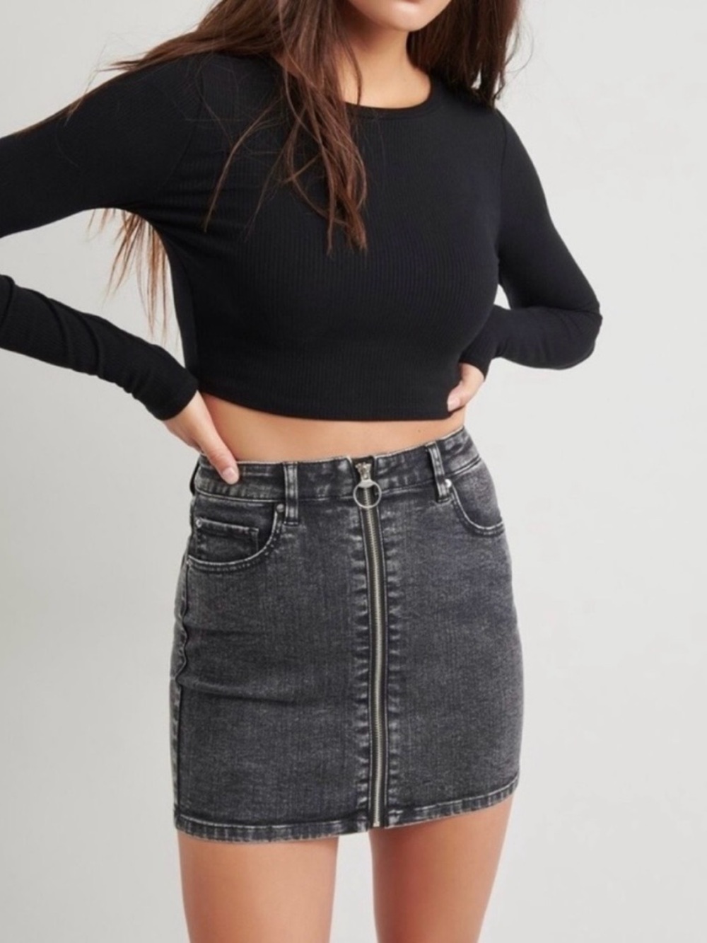 Garage Black Washed Denim Mini Skirt with Front Zip